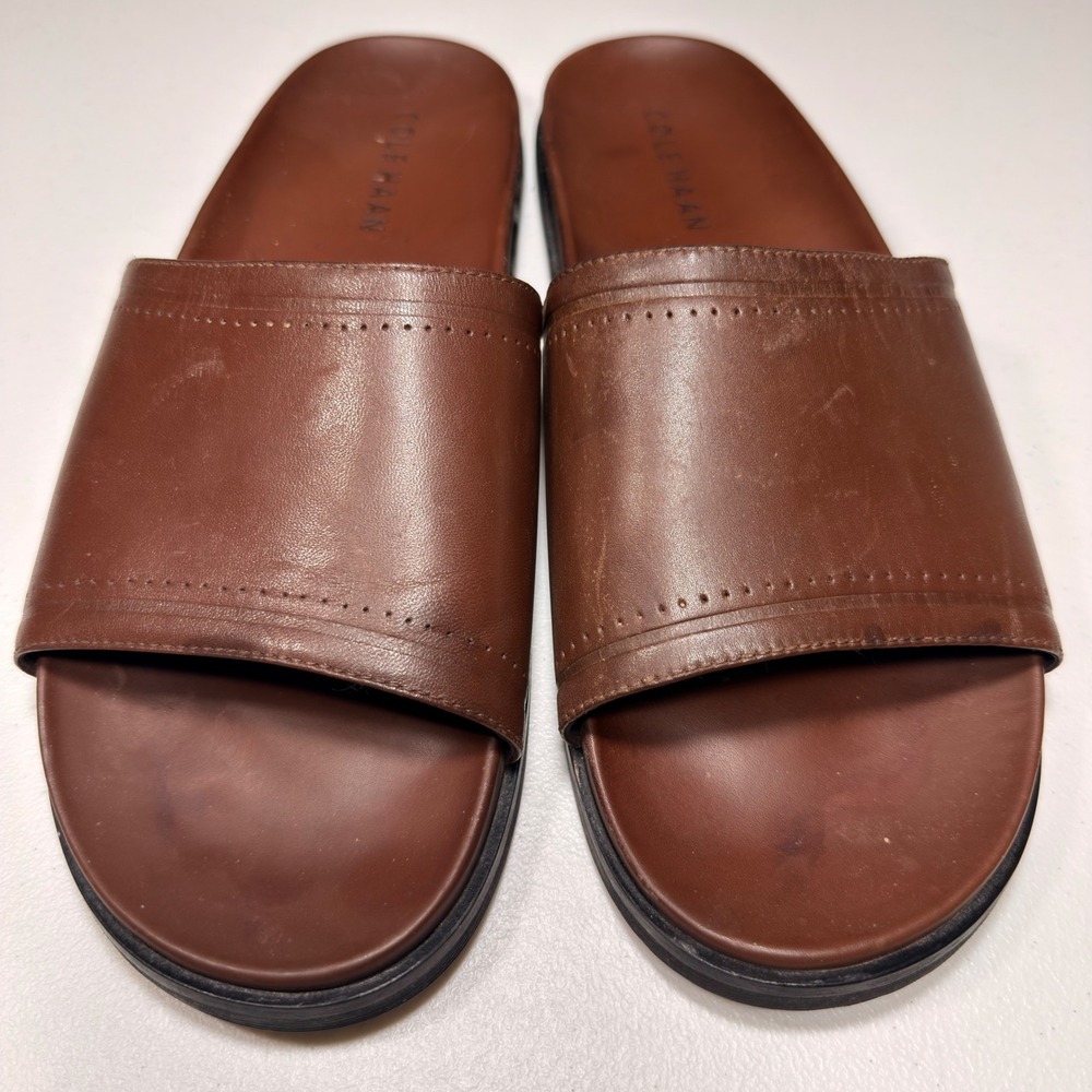 Cole Haan Mens Leather Slide Sandals Brown Grand Perforated Slides Size 12 M - Picture 8 of 12